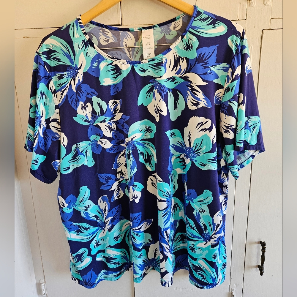 Blue tropical womens short sleeved blouse Size XL
